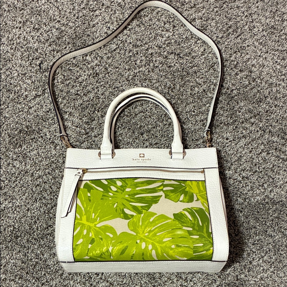 🚚 Ships FREE - Kate Spade White and Green Palm Leaf Satchel Purse Handbag RARE